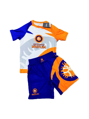 Рашгард и шорты Asics United Wrestling World (бело-оранжевые)